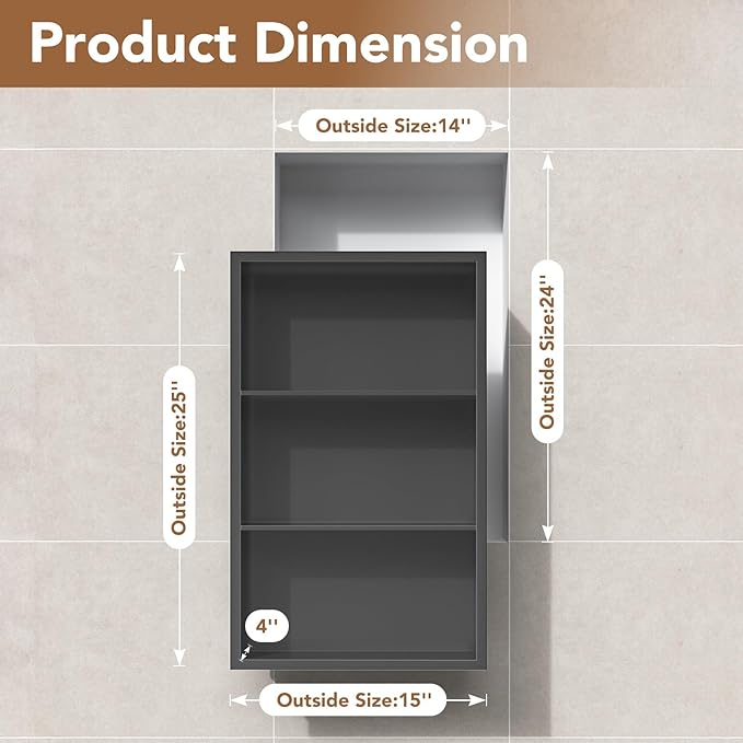 14x24 Recessed Medicine Cabinet, Bathroom Wall Cabinet, 304 Stainless Steel Recessed Wall Niche with 3-Tiers Shelves, Matte Gray