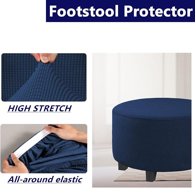 Stretch Ottoman Slipcover – Round Furniture Protector Fits 30"-41" Dia, for Footrests, Storage Ottomans & Folding Stools – Elastic Fabric Cover (Navy, X-Large)