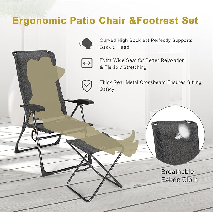 Giantex 4 Pcs Folding Patio Chairs with Footrest, Adjustable Back, 2 Pack Outdoor Portable Sling Patio Dining Chairs for Camping Lawn Bistro Porch Garden Yard Pool