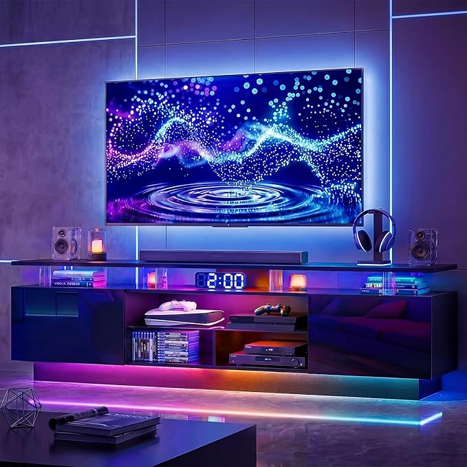 80” High-Glossy TV Stand with 2 Side Cabinets, Storage Entertainment Center, Modern Stylish TV Console with 3 Layer LED Lights&Power Outlets,Remote&APP Control for Living Room Use Black