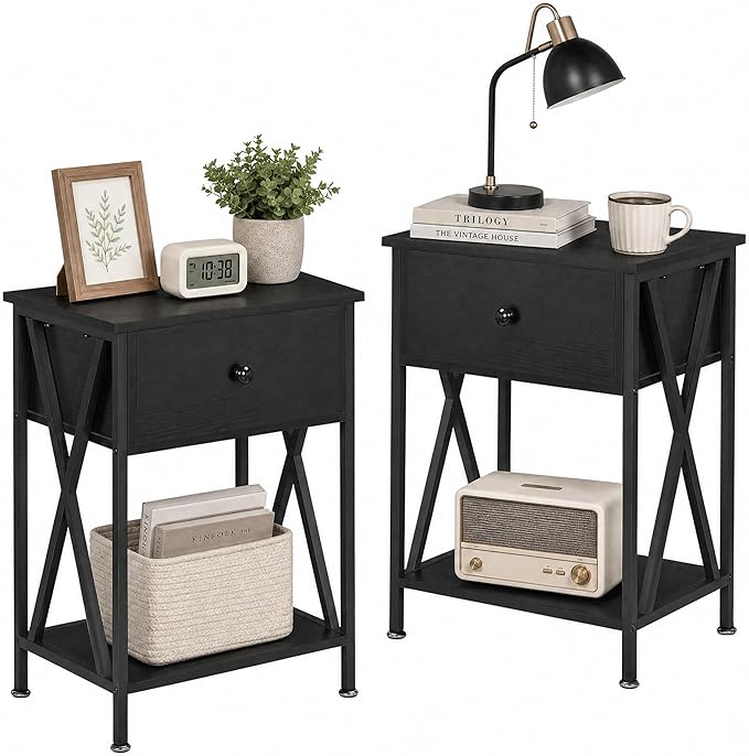 VECELO Nightstands, Modern End Side Tables,Night Stand with Drawer &Storage Shelf for Bedroom Living Room Office Lounge, 2, Black