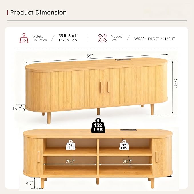 58" Mid Century Modern TV Stand, Wood TV Consoles with Sliding Doors and Power Outlet, Entertainment Center with Adjustable Shelves, Fluted TV Stands for Living Room, Oak