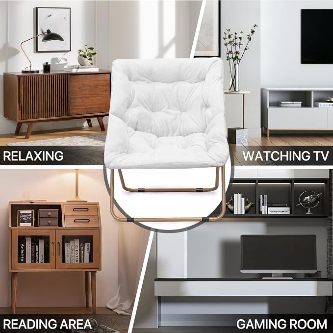 MoNiBloom Square Folding Faux Fur Saucer Chair for Bedroom Living Room Dorm Foldable Metal Frame Oversized Large Comfy Furry Padded Soft Cozy Moon Chair with Footrest Ottoman for Adults (White)