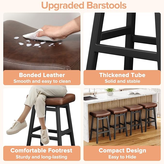Raynesys 29 Inches Bar Stools Set of 2, Bar Height Barstools for Home Counter, Blackless Barstool with Bonded Leather Saddle Seats & Heavy Duty Metal Legs, Easy Assembly, Brown/Black