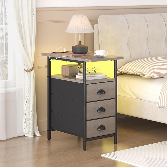 sthmec End Table with Charging Station,LED Side Tables with USB Ports and Outlets,Narrow Nightstands Bedside Tables with 3 Drawers for Small Space,Slim Sofa Table for Livingroom,Grey