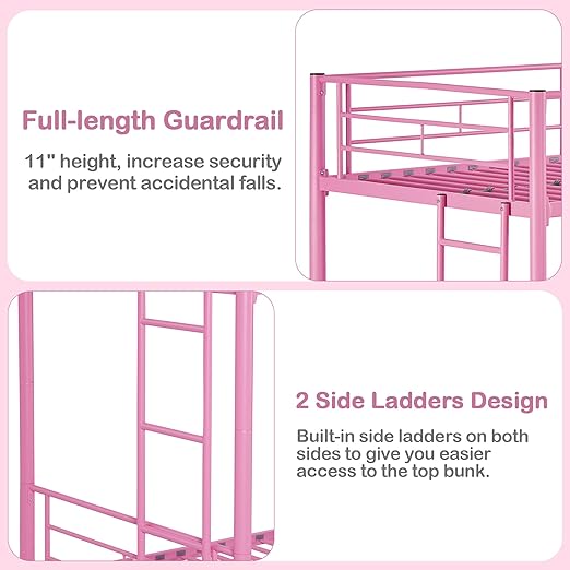 VECELO Metal Bunk Bed Twin Over Twin, Industrial Bunkbeds with Ladder and Full-Length Guardrail, Noise Free, No Boxing Spring Needed, Pink