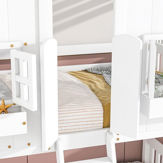 Wooden Twin Over Twin Floor Bunk House Bed with Door and Window Built-in Storage Box, Low Loft Bunk Bed for Kids Girls Boys Adults, No Box Spring Needed, White