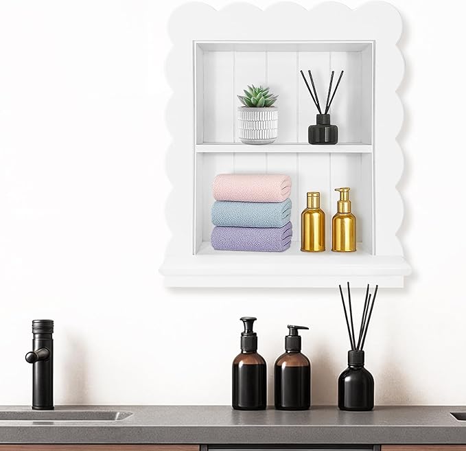 Royxen 14"x18" Recessed Medicine Cabinet, 2-Tier Wooden Bathroom Wall Cabinets Without Mirror,Scalloped Large Medicine Cabinet Niche for Bathroom Storage Organizer,White