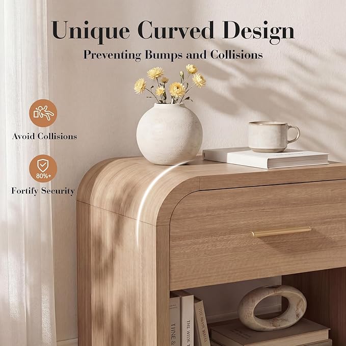 Night Stand Set of 2 [Unique Curved Profile] [FSC-Certified Wooden Board] 1-Drawer and 1 Storage Shelf Nightstand 24" H Metal Handle Modern Bedside Table Side Table End Table for Bedroom