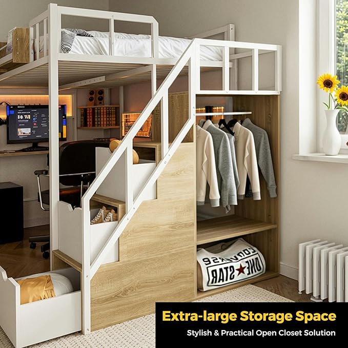 Kikihouse Twin Loft Bed with Desk, Storage Stairs & Wardrobe, Metal Loft Bed Frame w/Headboard, Bedside Shelf, Charging Station & 6 Drawers, LED Gaming Bed for Adult Space-Saving