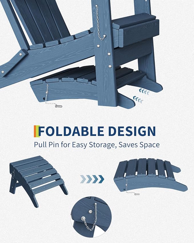 GarveeLife Folding Adirondack Ottoman Set of 2 for Adirondack Chair, HDPE All-Weather Footrest for in/Outdoor Patio Deck Backyard, Navy Blue