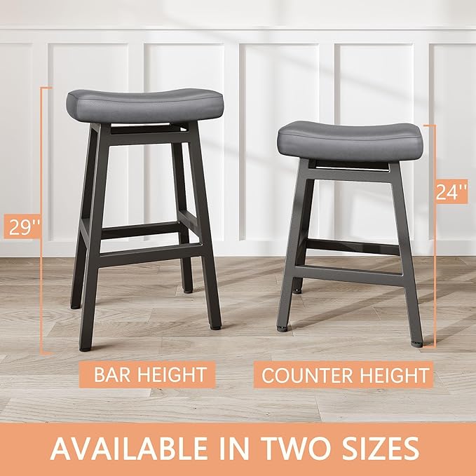 Raynesys 29 Inches Bar Stools Set of 2, Bar Height Barstools for Home Counter, Blackless Barstool with Bonded Leather Saddle Seats & Heavy Duty Metal Legs, Easy Assembly, Gray/Black
