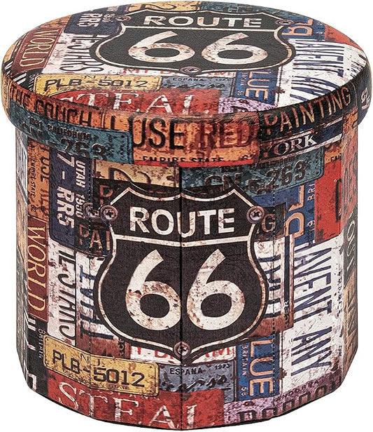 B FSOBEIIALEO Folding Storage Ottoman Round, Faux Leather Foot Rest Seat, Storage Organizer Chest 15" (Route 66 Barrel)