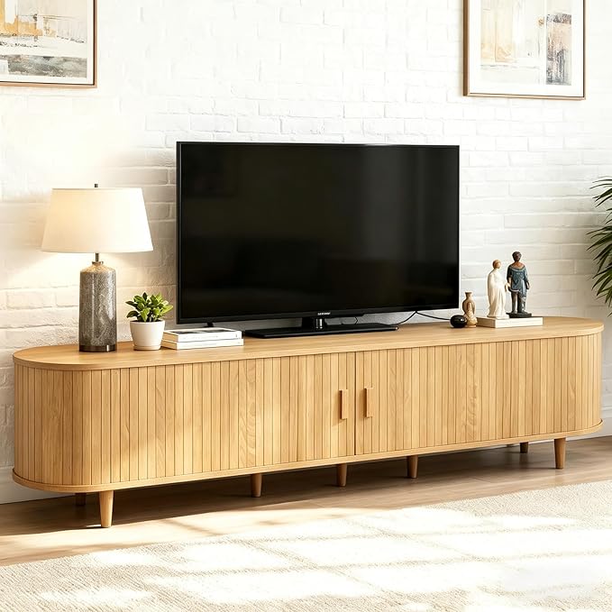 80" Mid Century Modern TV Stand, Wood TV Consoles with Sliding Doors and Power Outlet, Entertainment Center with Adjustable Shelves, Fluted TV Stands for Living Room, Oak