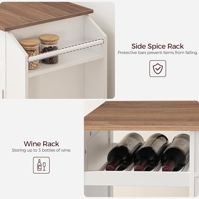 MAHANCRIS Kitchen Island with Power Outlet, Kitchen Storage Island with Drawer, Rolling Kitchen Cart on Wheels, Spice Rack, Towel Rack, Wine Rack, for Dining Room, White and Walnut KIBZ122E01