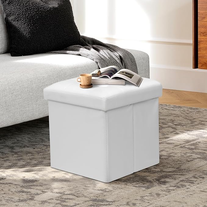 Athena Collection Leather Square Ottoman with Storage, 15 Inch Small Storage Ottoman, Multipurpose Footstool Foot Rest for Living Room, Bedroom, Dorm, White