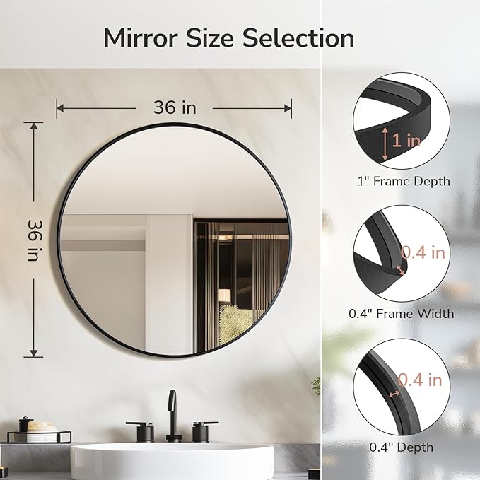 USHOWER Bathroom Mirrors for Over Sink, 36 Inch Circle Mirror with Metal Frame, Black Wall Mirror for Vanity, Entryway, Living Room, Hallway and Bedroom Decor