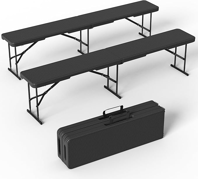 VSOAEIL 6 Foot Folding Bench, Portable Plastic Folding Bench Seat, Foldable Seat for Indoor Outdoor Picnic Camping Dining, Soccer Garden Multipurpose Entertaining Activities, Black Rattan, 2 Pack