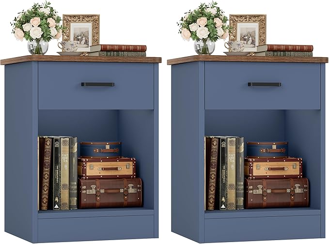 FOTOSOK Nightstand Set of 2, 2-Tier Side Table with Drawer and Storage Shelf, Bedside Table End Table, Modern Night Stand for Bedroom, Home Office, Blue