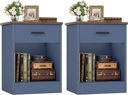 FOTOSOK Nightstand Set of 2, 2-Tier Side Table with Drawer and Storage Shelf, Bedside Table End Table, Modern Night Stand for Bedroom, Home Office, Blue