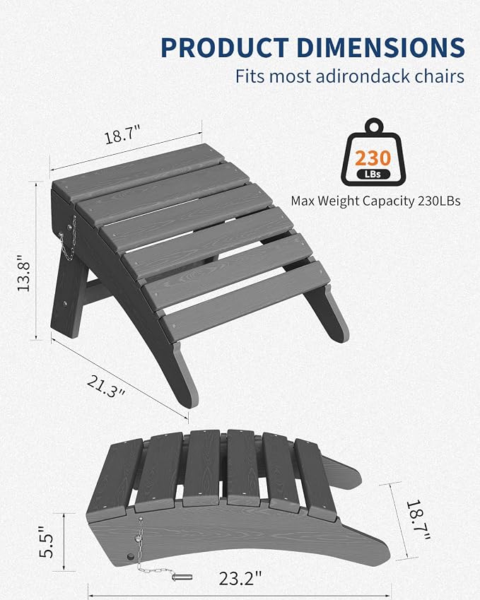GarveeLife Folding Adirondack Ottoman Set of 2 for Adirondack Chair, HDPE All-Weather Footrest for in/Outdoor Patio Deck Backyard, Grey