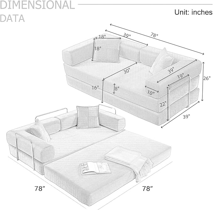 78 Inch Convertible Sleeper Sofa Bed, Folding Floor Mattress Couch with Fixed-Shape Frame, Futon Boneless Couch Lounge Loveseat with Pull Out Bed, No Assembly Required (Blue, 78" Loveseat Sofa Bed)