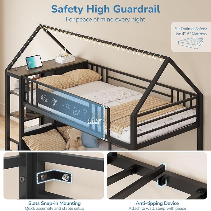 Twin Bunk Bed for Kids with 6 Storage Drawers, Montessori Bookshelf, House Shaped Bed with Globe String Lights and USB Ports, Metal Low Bunk Bed Twin Over Twin with Safety Guardrail and Ladder, Black