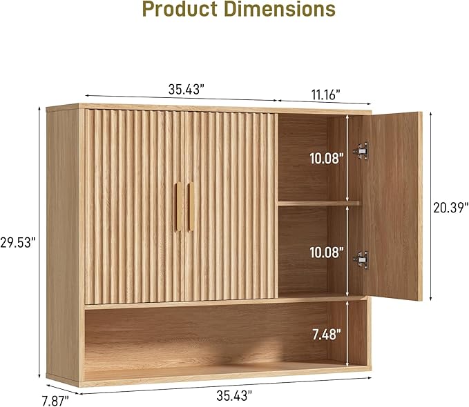 Vabches Bathroom Wall Cabinet, 3-Door Fluted Wooden Wall Cabinet with Open Shelf, Oak Color Wall Cabinet for Bathroom Storage for Bathroom, Kitchen, Laundry Room