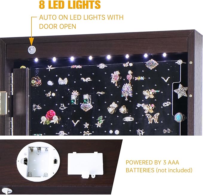 8 LED Lights Jewelry Armoire with Mirror - 47.3' H Cabinet Door Hanging/Wall Mounted Mirror With Storage And 2 Drawers - Brown
