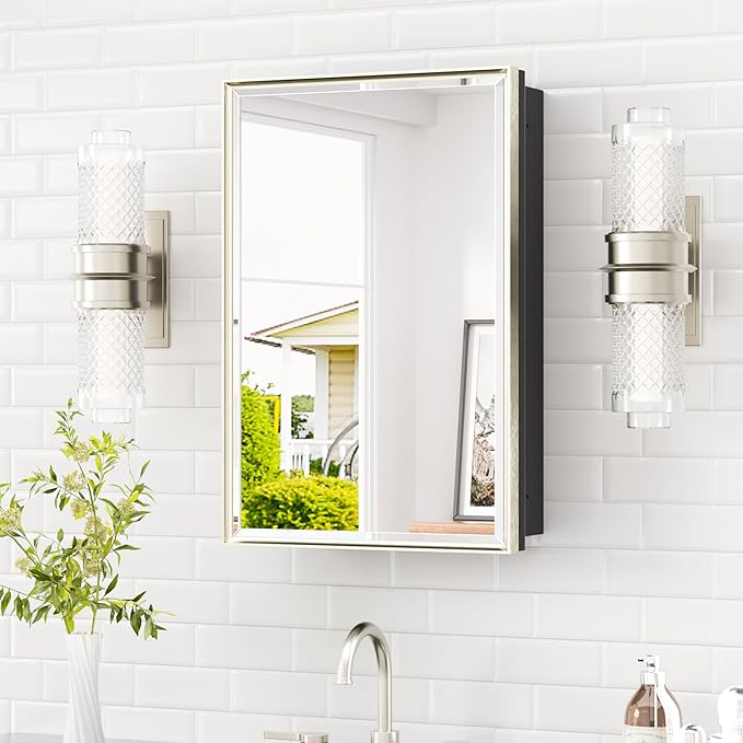 TETOTE 16" x 24" Medicine Cabinet Mirror Fully Assembled Bathroom Mirrored Cabinet with Adjustable Storage Shelves Tempered Beveled Mirror for Vanity, Wall-Mounted or Recessed