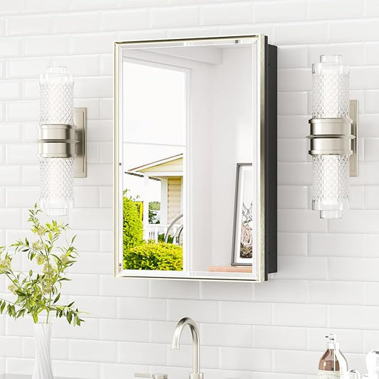 TETOTE 16" x 24" Medicine Cabinet Mirror Fully Assembled Bathroom Mirrored Cabinet with Adjustable Storage Shelves Tempered Beveled Mirror for Vanity, Wall-Mounted or Recessed