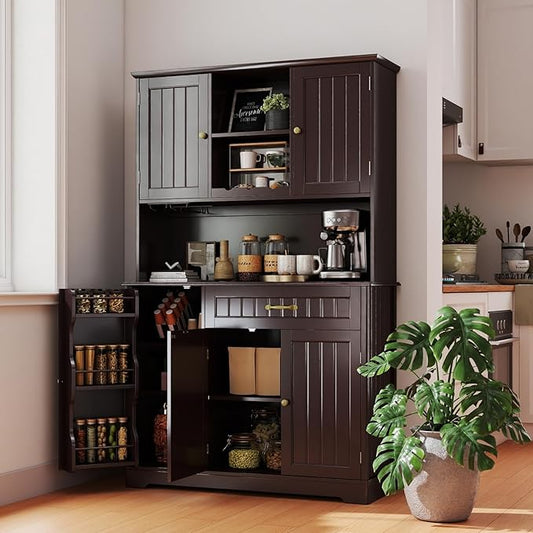 Gizoon Kitchen Hutch Cabinet Kitchen Hutch Storage Cabinet Tall Pantry Coffee Bar with Storage for Dining Room and Craft Room, Painted Dark Brown