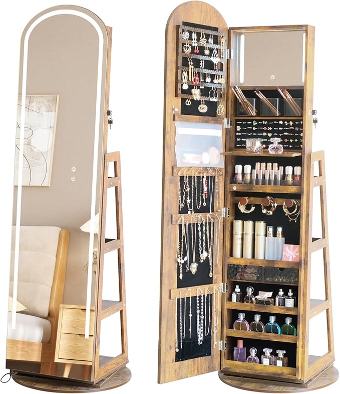 Arched Mirror Jewelry Armoire,3 Color LED Swivel Jewelry Storage Cabinet Interior LED Lights,Full Length Mirror Floor Standing Jewelry Organizer with Storage Shelves (Rustic Brown)
