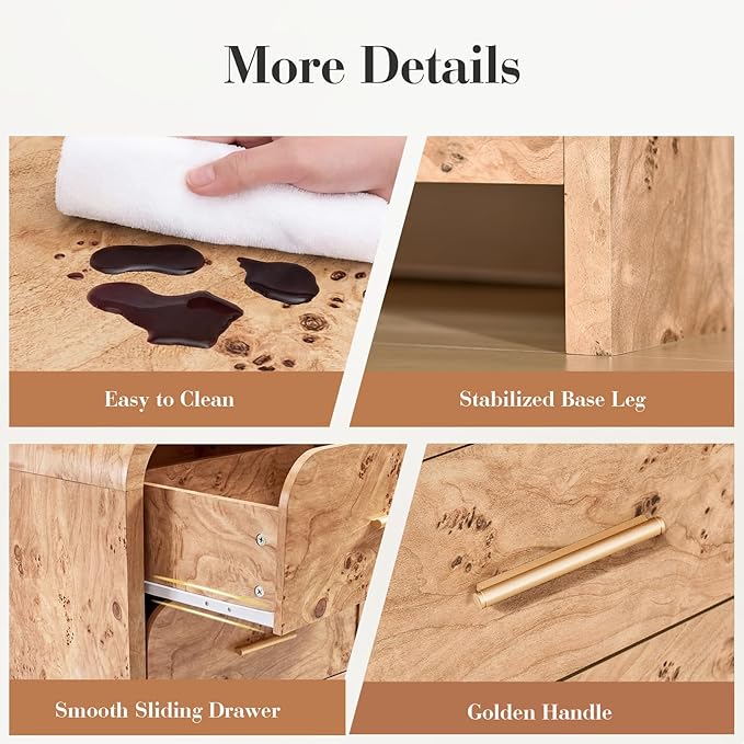 Night Stand Set of 2 [Unique Curved Profile] [FSC-Certified Wooden Board] 3-Drawer Nightstand 24" H Metal Handle Modern Bedside Table