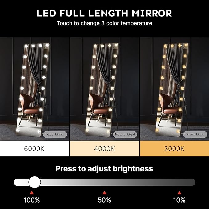 Kosmonia 62x20 Hollywood Full Length Mirror with Light, 20 Dimmable Bulbs & 3 Color Smart Touch Control, Distortion Free, Tempered Glass, Safe Full Body Mirrors with Stand
