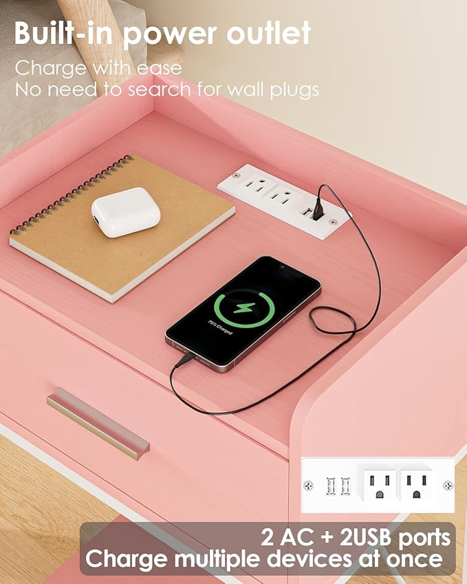 Nightstand with Charging Station,3-Tier Modern Bedside Table Night Stand with Storage Drawer and Open Shelf,Small End Side Table for Bedroom,Living Room,Pink