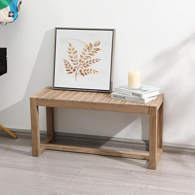 Wnutrees Farmhouse Solid Wood Bench, 31" Line Pattern Splicing Entryway Bench, Narrow Bench Seat for Living Room, Dining Room, Bathroom, Indoors, Natural