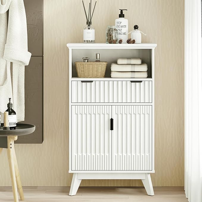 Fatmok Buffet Cabinet with Storage Set of 2, 40" Modern Fluted Coffee Bar Cabinet with Drawer & Open Shelf, Wood Buffet Sideboard Console Table for Entryway, Kitchen, Living Room (White)