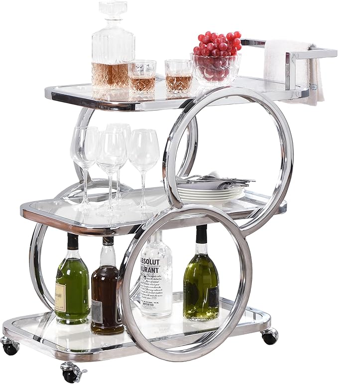 Home Bar Serving Carts 3 Tier Kitchen Carts on Wheels Mobile Bar Carts for Home Kitchen Dining Room Living Room Party, Chrome