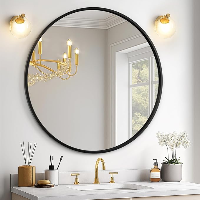 USHOWER Black Round Mirror for Over Sink 24-inch, Circle Bathroom Mirror, Metal Frame Vanity Mirror, Modern Wall Mirror for Entryway Living Room