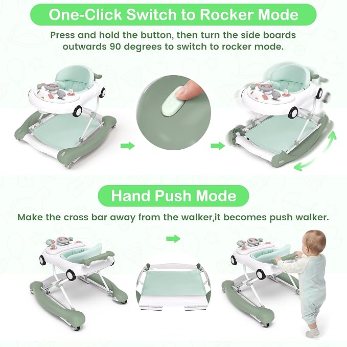Baby Walker, 5-in-1 Baby Walker for Boys and Girls with Bouncer, Removable Footrest, Music, Foldable & Adjustable Speed Wheels Activity Walker for 6-18 Months Toddler Infant(Mint)
