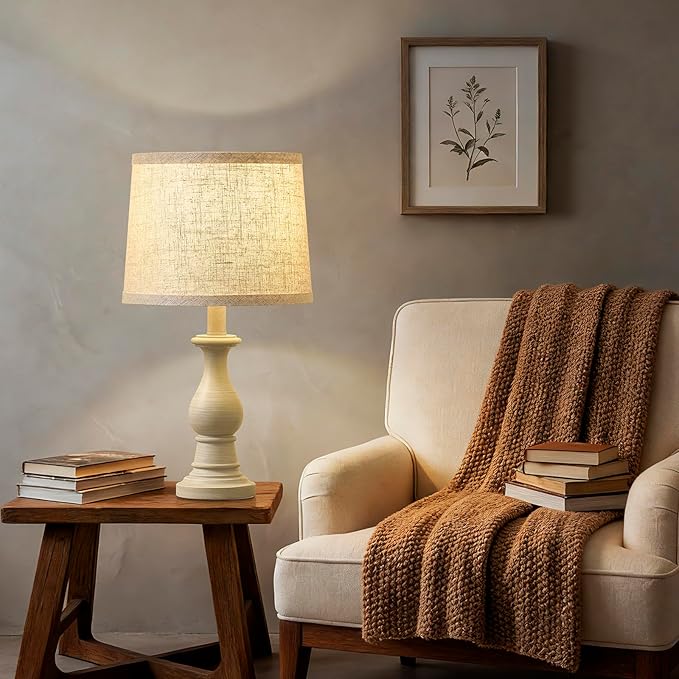 Vintage Table Lamp for Living Room Bedroom, 18.5" Farmhouse Bedside Lamps Nightstand Lamp Set of 2, Table Lamps with Oatmeal Linen Lamp Shades, 2 LED Bulbs Included