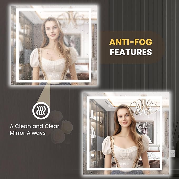 LOAAO 40"X40" LED Mirror for Bathroom, Lighted Bathroom Mirror with Lights, Anti-Fog, Dimmable, Memory Function, Clear Reflection
