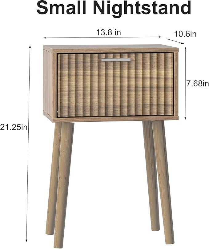 LAATOOREE Nightstands Set of 2, Small Size Side End Table, Bedside Table with Fluted Door, Solid Wood Feet; for Bedroom, Small Bed
