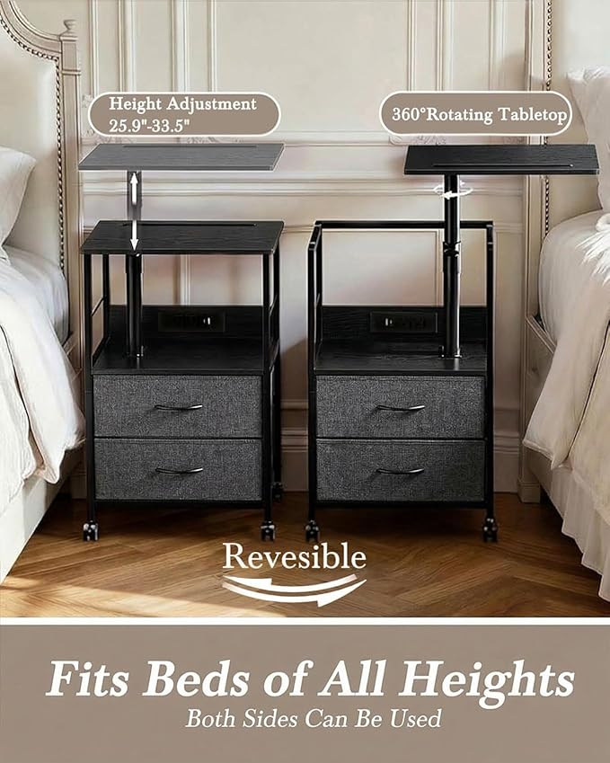 Faesun Swivel Lift Top Nightstand with Charging Station, Rolling Side Table for Recliner, Bedside Table with Wheels & 2 Fabric Drawers, for Small Spaces, for Bedroom, Living Room, Black Gray