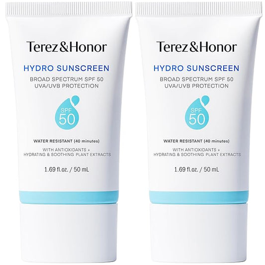 Terez & Honor Hydro Sunscreen for Face: Hydrating Broad Spectrum SPF 50 Sunscreen with UVA/UVB Protection - Moisturizing, Soothing, Water-Resistant, No-White Cast & Non-Greasy - Korean Sun Care 2-Pack