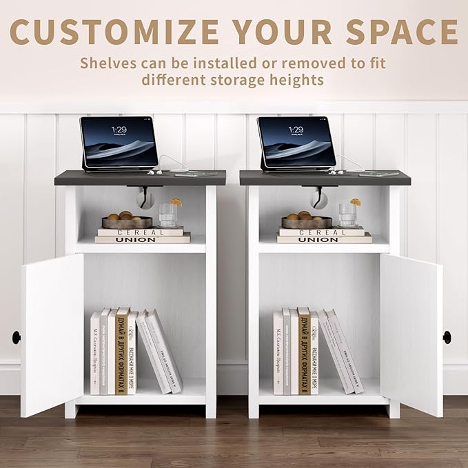 Farmhouse End Table Set of 2 w/Charging Station, Nightstands w/Barn Door&Storage Shelf, Rustic Bedside Table for Living Room, Bedroom, Entryway, Office, Small Spaces, White