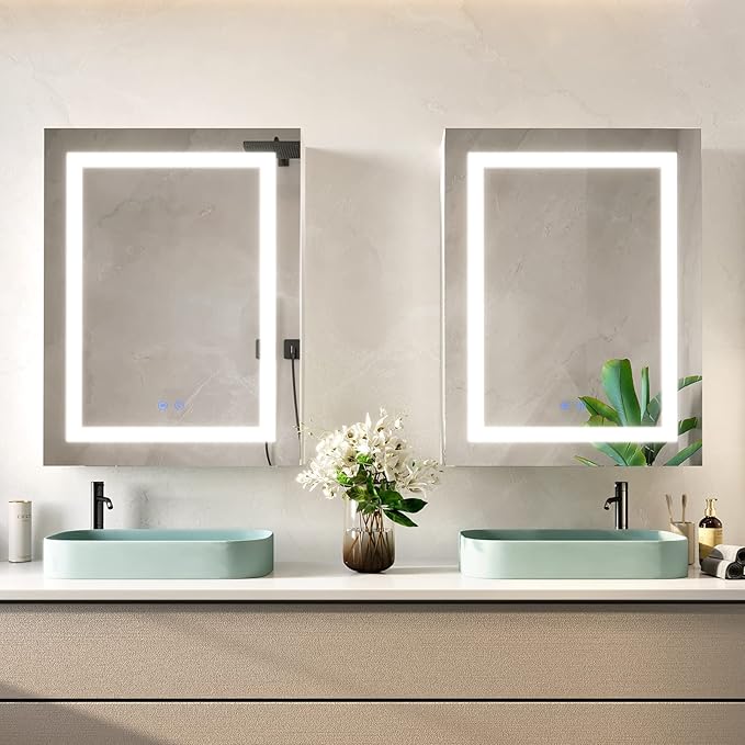 Lighted Medicine Cabinet for Bathroom with Mirror, 20" x 28" LED Medicine Cabinet with Lights, Wall Mounted with Storage Shelves, Dimmable Light, Anti-Fog