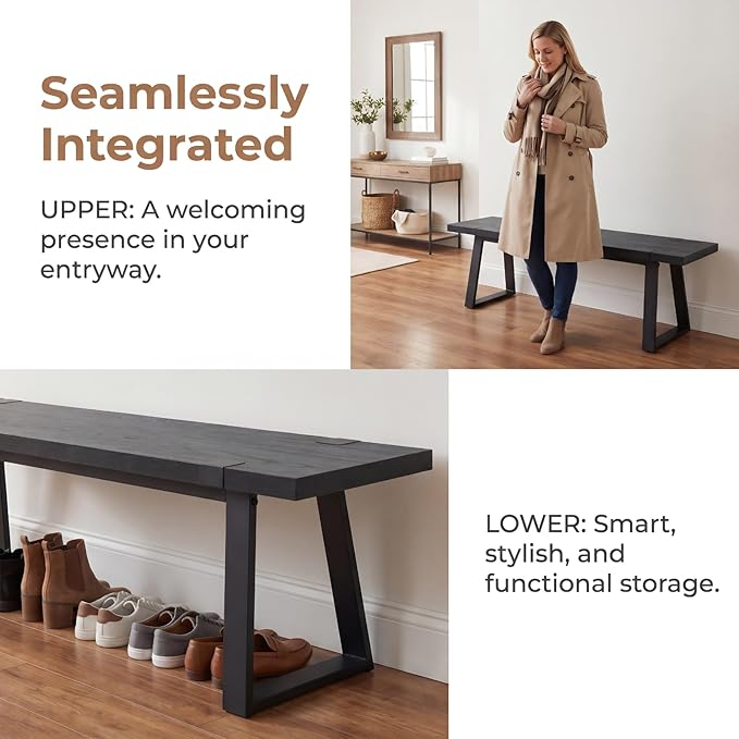 HNY 60" Entryway Bench Black Wood Dining Bench Bedroom Bench Modern Minimalist Long Slatted Bench for Living Room Hallway, Sturdy Solid Wood with Black Metal Leg Seating for 4-6 People