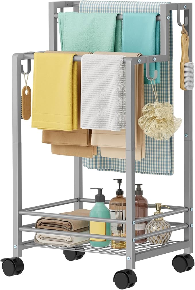 Gewudraw Free Standing Towel Rack, Pool Towel Rack, 4-Tier Blanket Stand with Shelf, Bathroom Towel Drying Rack with 4 Hooks, Rust-Resistant Drying Rack Indoor/Outdoor, Silver